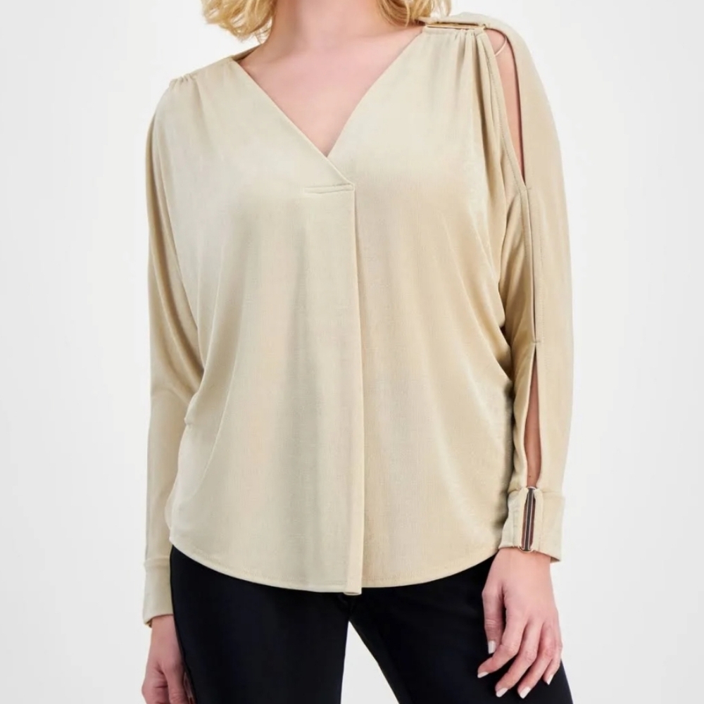JM Collection Cream Blouse with Shoulder Cut-Out